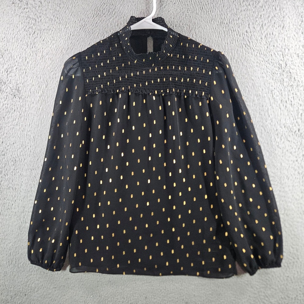 White House Black Market Black Gold Foil Smocked Mock Neck Blouse XS Holiday